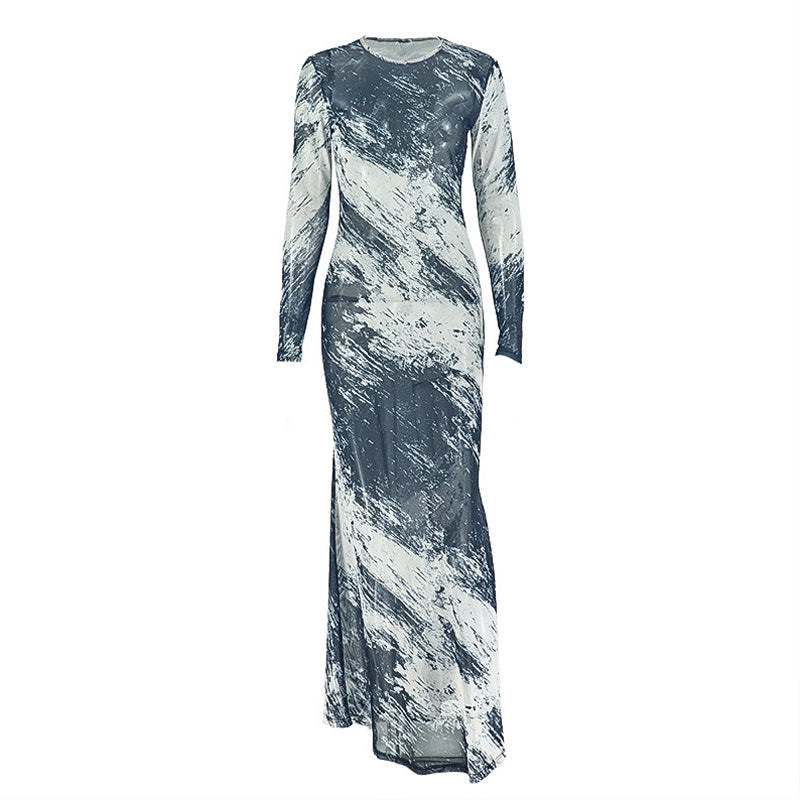 Long sleeve mesh crewneck contrast maxi dress