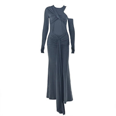 Crewneck long sleeve ruched hollow out cut out maxi dress
