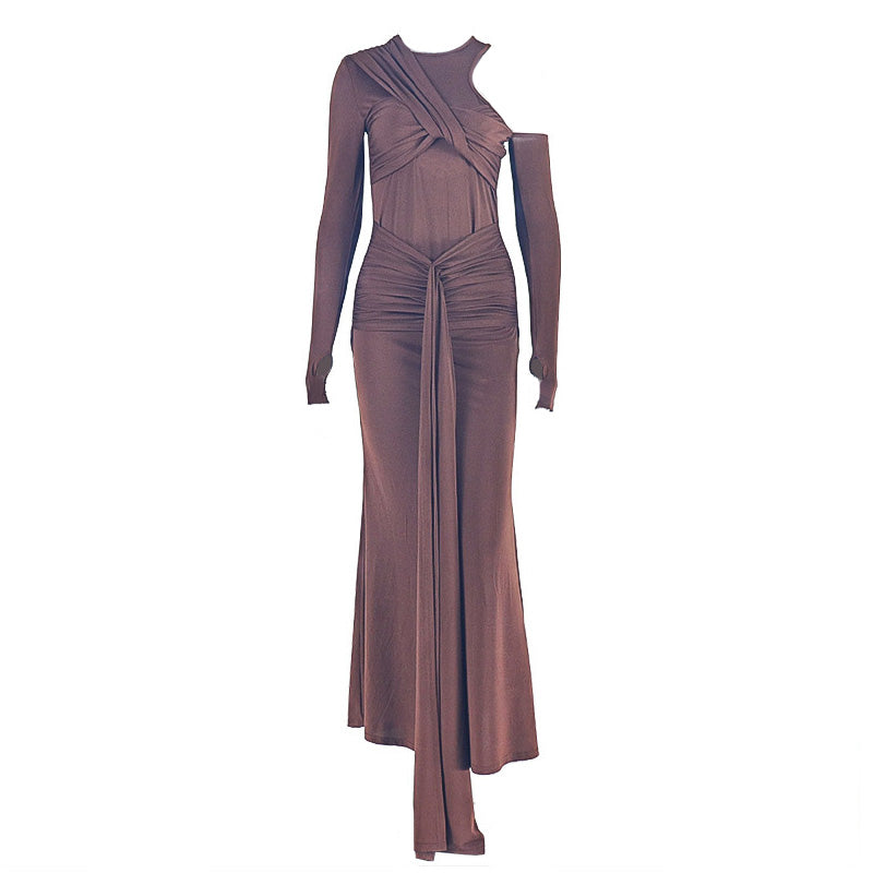 Crewneck long sleeve ruched hollow out cut out maxi dress