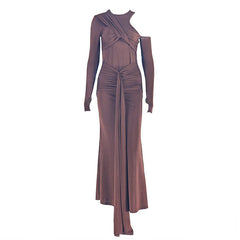 Crewneck long sleeve ruched hollow out cut out maxi dress