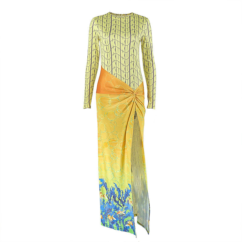 Long sleeve crewneck high slit contrast maxi dress