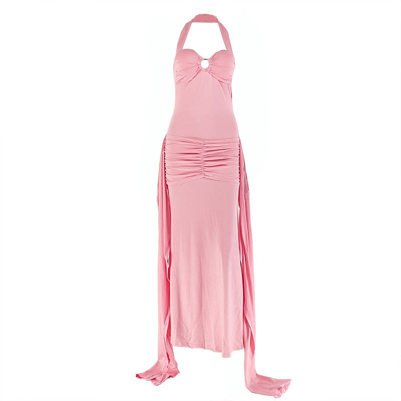Halter ruched backless o ring maxi dress