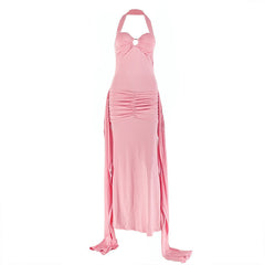 Halter ruched backless o ring maxi dress