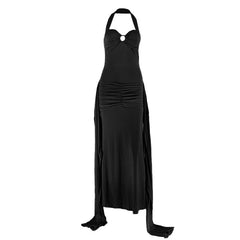 Halter ruched backless o ring maxi dress