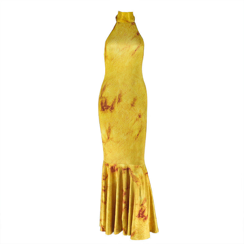 Halter high neck backless print maxi dress