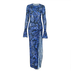 Long flared sleeve crewneck slit print mesh maxi dress