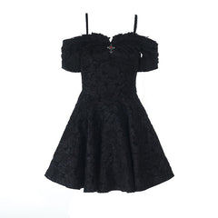 Off shoulder cross applique zip-up mini dress
