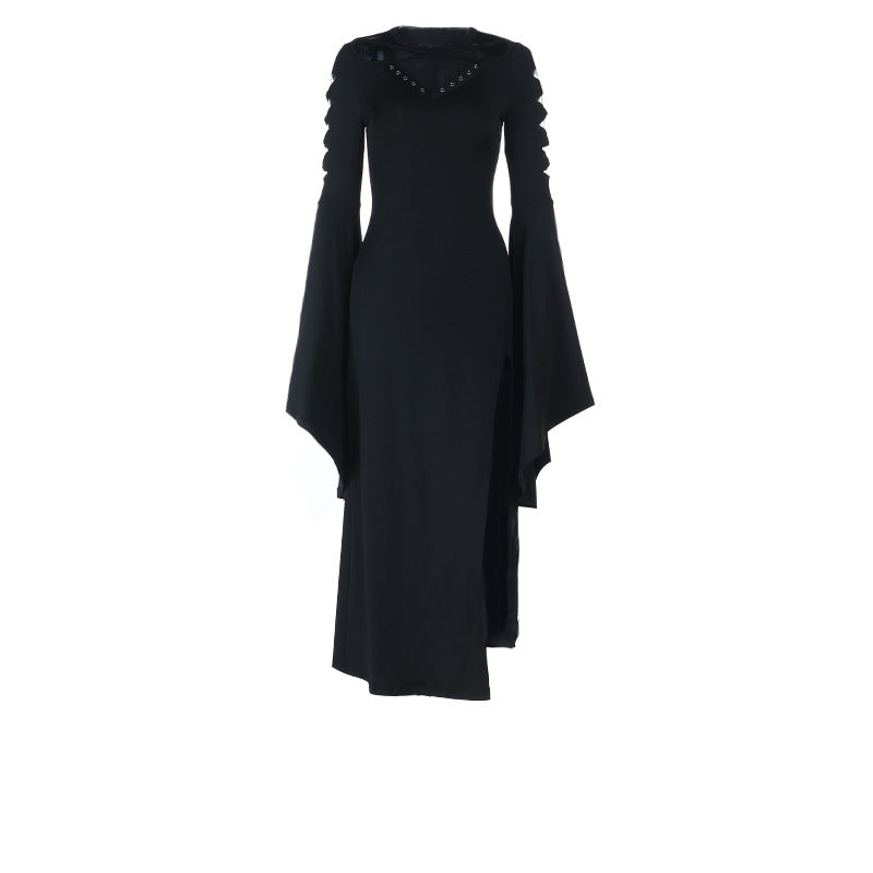 Long flared sleeve hollow out high slit cut out maxi dress
