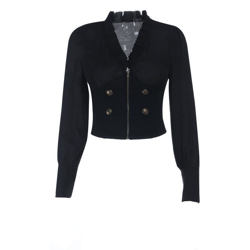 Long sleeve zip-up v neck top