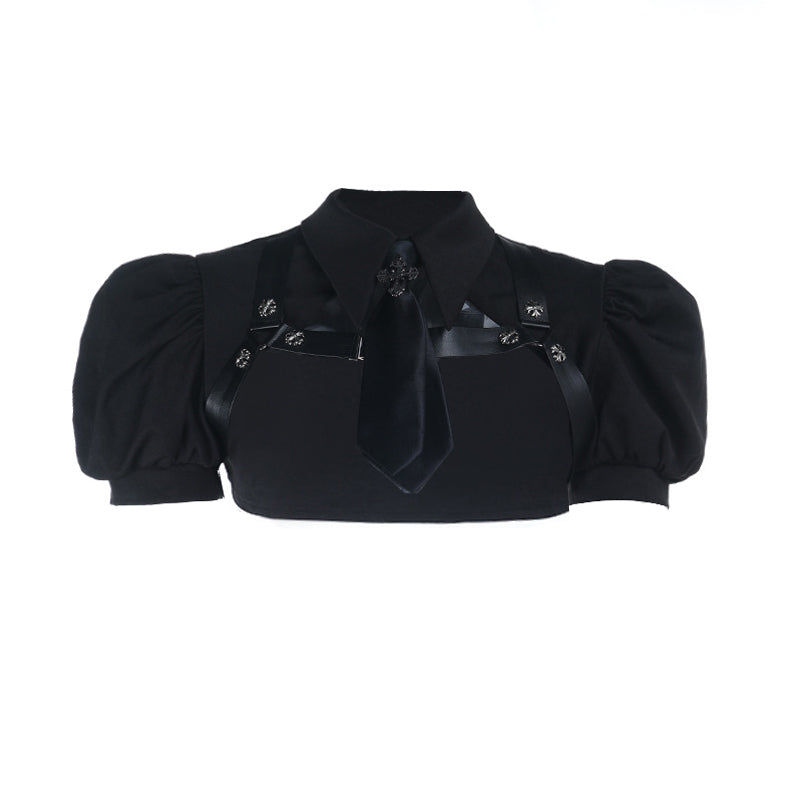Turnover collar puff sleeve shrug top