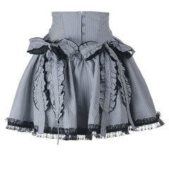 Striped print lace hem bowknot mini skirt