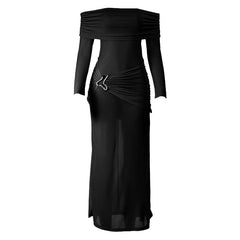 Off shoulder long sleeve ruched maxi dress
