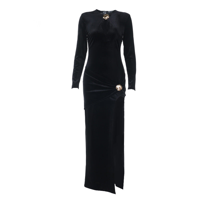 Long sleeve hollow out velvet slit cut out maxi dress