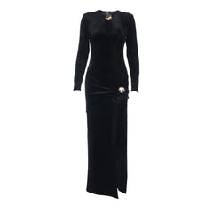 Long sleeve hollow out velvet slit cut out maxi dress