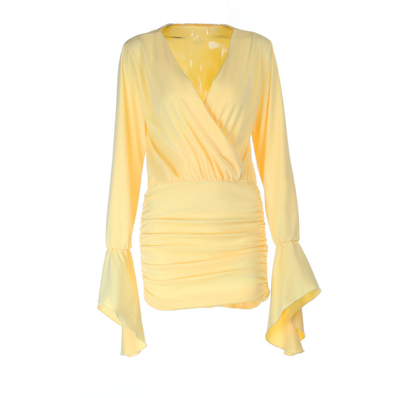 Long flared sleeve v neck ruched solid mini dress