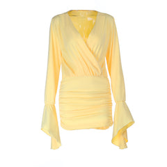 Long flared sleeve v neck ruched solid mini dress