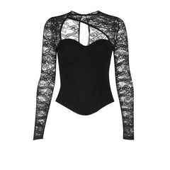 Crewneck long sleeve lace hollow out corset cut out top