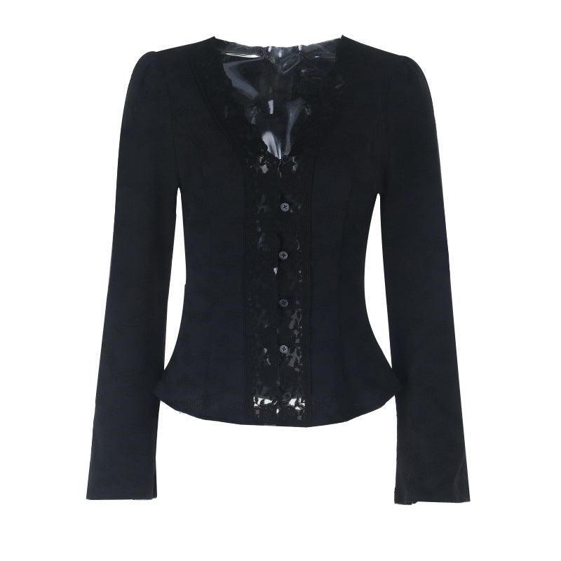 V neck button long sleeve lace hem top