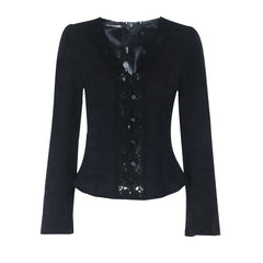 V neck button long sleeve lace hem top