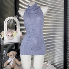 High neck halter self tie backless knitted mini dress