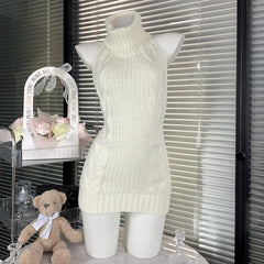 High neck halter self tie backless knitted mini dress