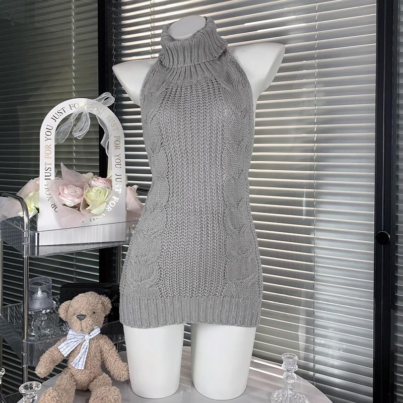 High neck halter self tie backless knitted mini dress