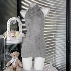 High neck halter self tie backless knitted mini dress