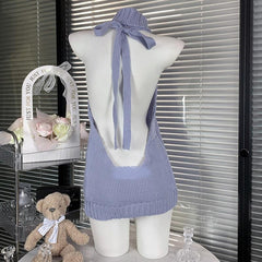 High neck halter self tie backless knitted mini dress