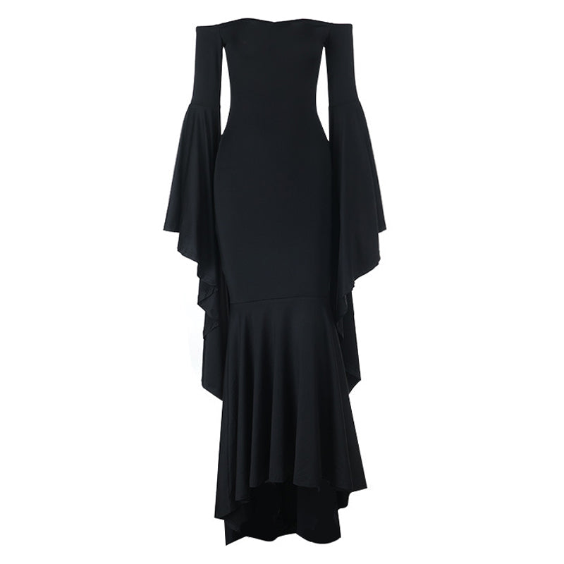 Long flared sleeve off shoulder solid maxi dress