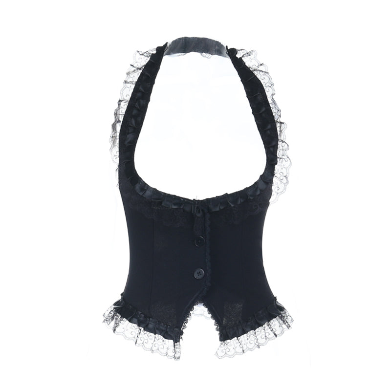 Halter lace hem button backless top