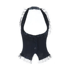 Halter lace hem button backless top