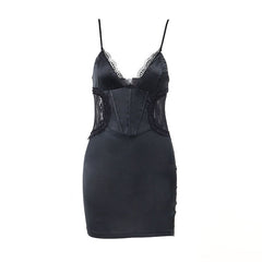 Lace hem v neck backless cami mini dress