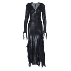 Long sleeve v neck lace hem snakeskin print maxi dress