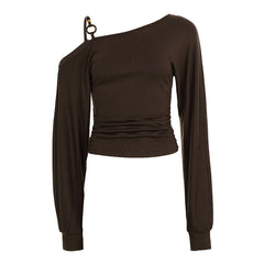 Long sleeve o ring beaded ruched irregular top