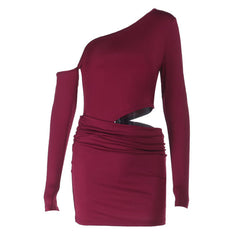 Long sleeve hollow out one shoulder ruched cut out mini dress