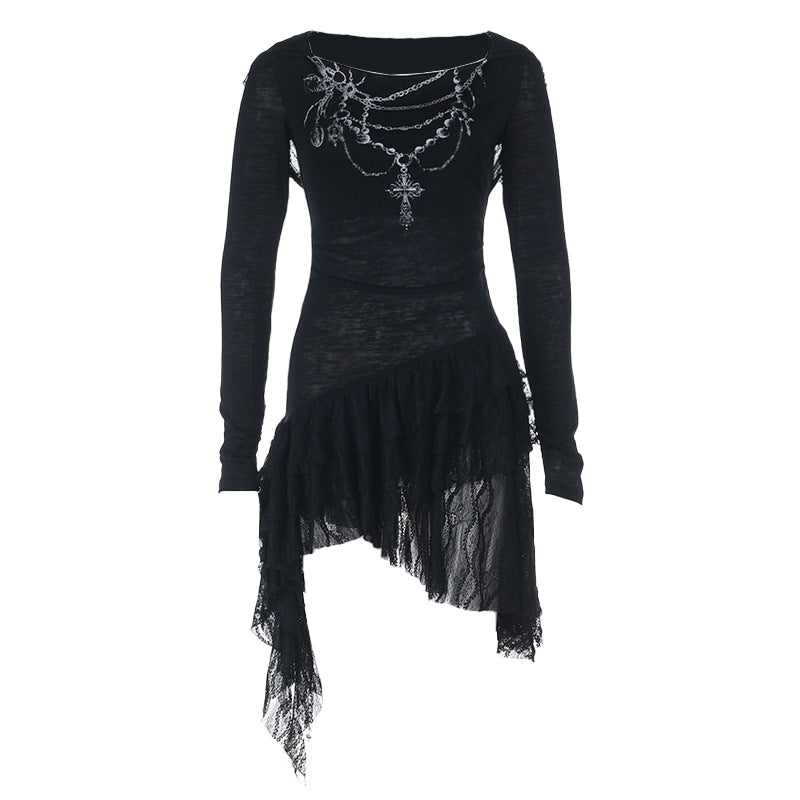 Long sleeve hoodie irregular chain pattern mini dress