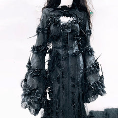 Lace hem long sleeve flower applique maxi dress