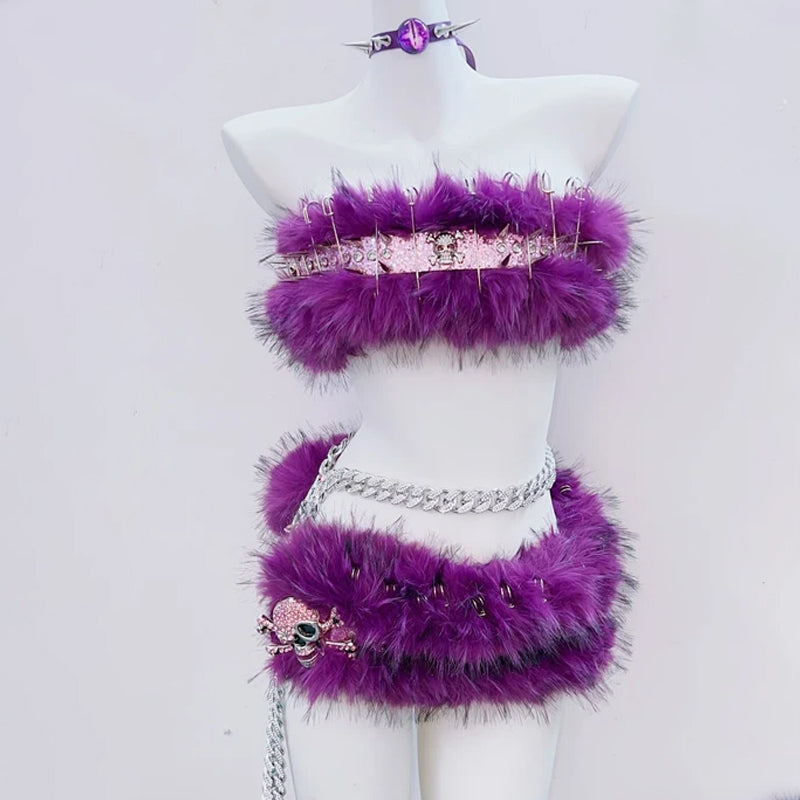 Fluffy skull applique tube mini skirt set
