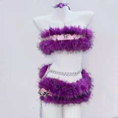 Fluffy skull applique tube mini skirt set