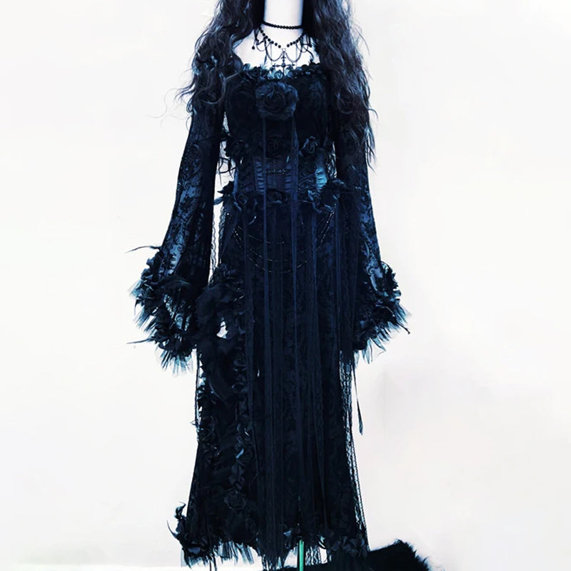 Long flared sleeve solid flower applique maxi dress