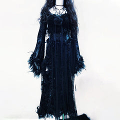 Long flared sleeve solid flower applique maxi dress