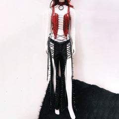 Metal chain hollow out rivet applique cut out top