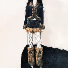 Fluffy long sleeve skull applique hollow out cut out top