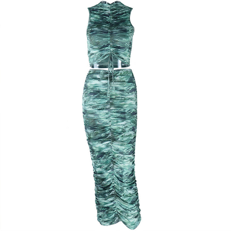 Drawstring ruched crewneck print midi skirt set