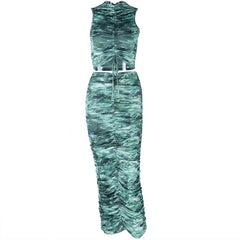 Drawstring ruched crewneck print midi skirt set
