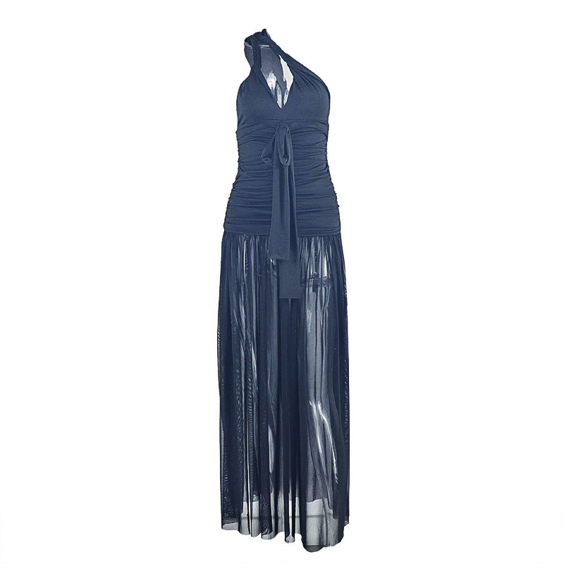 One shoulder ruched irregular slit maxi dress