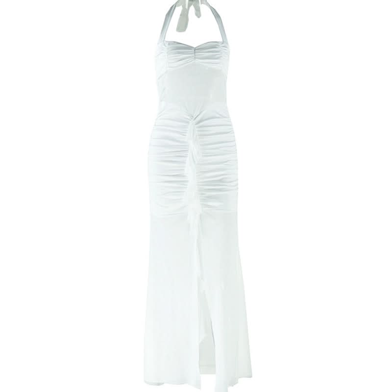 Halter self tie ruched v neck backless maxi dress