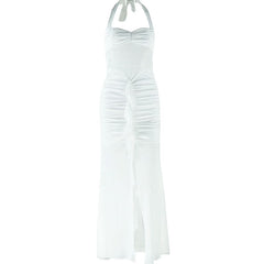 Halter self tie ruched v neck backless maxi dress