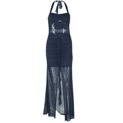 Halter self tie ruched v neck backless maxi dress