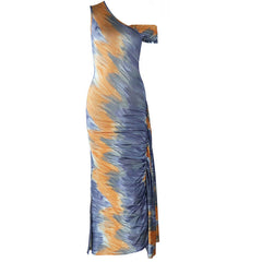 Ruched one shoulder print irregular maxi dress